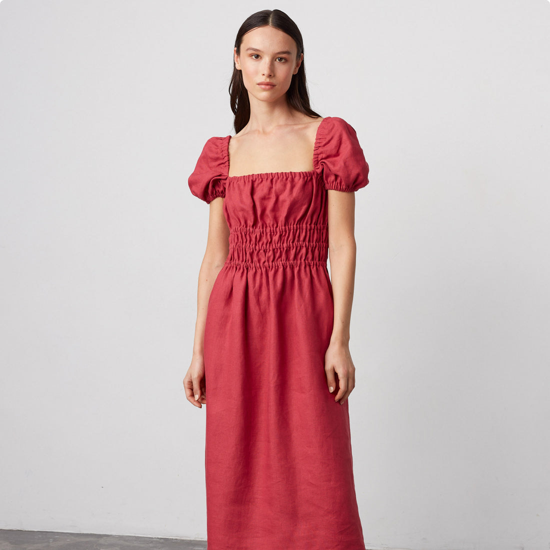 HOLIDAY Puff Sleeve Linen Midi Dress